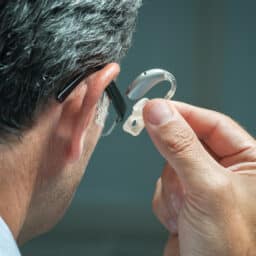 Man inserts hearing aid in his ear.